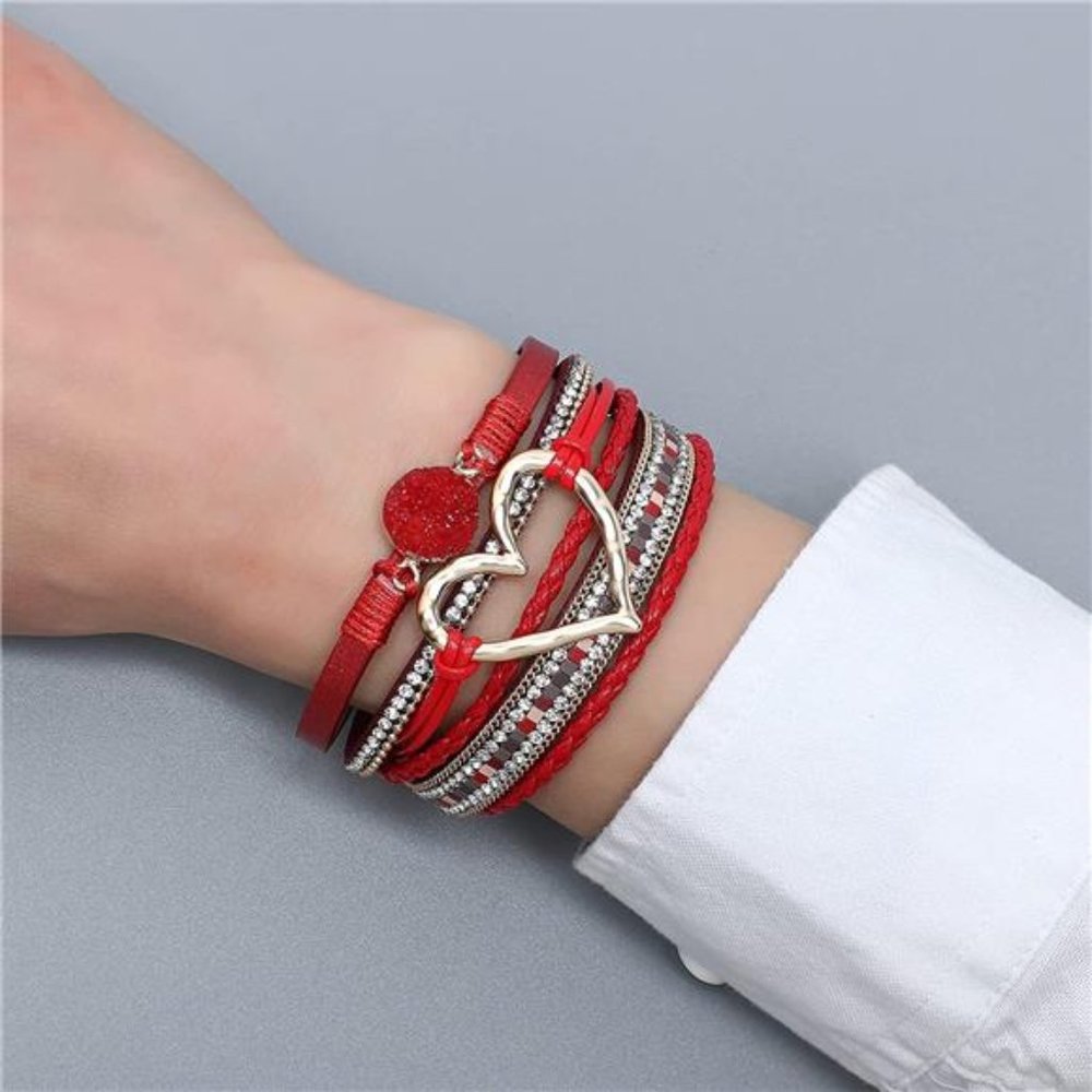Crystal Heart Beaded Leather Wrap Bracelet for Women